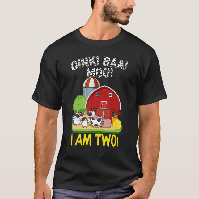 Camiseta segundo aniversário Oink Baa Moo Eu Sou Dois Anima (Frente)