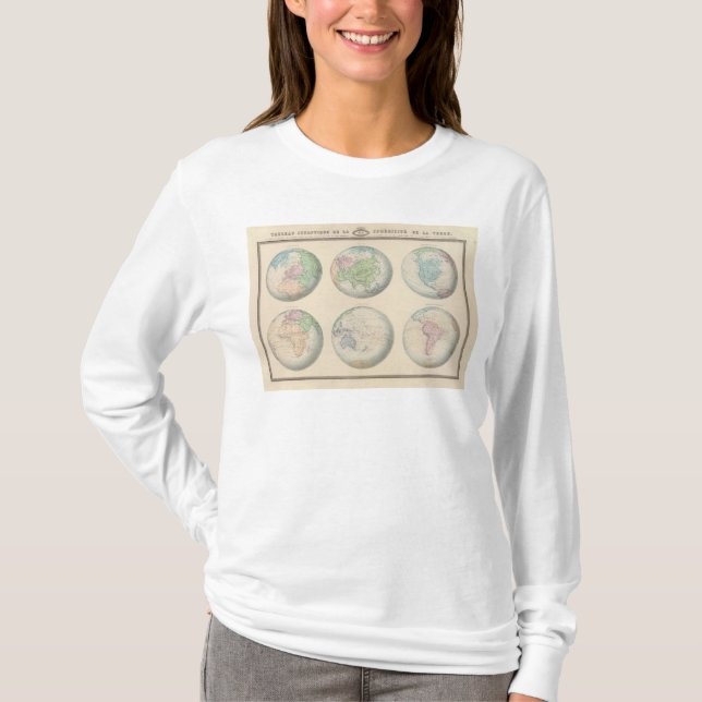 Camiseta Seis mapas hemispheric do mundo (Frente)