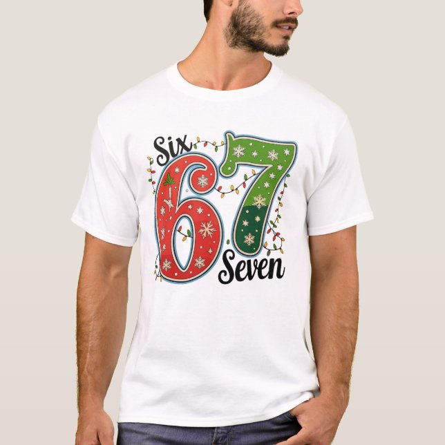 Camiseta Seis Sete 67 6 7 Natal Meme Luzes Engraçadas de Na (Frente)