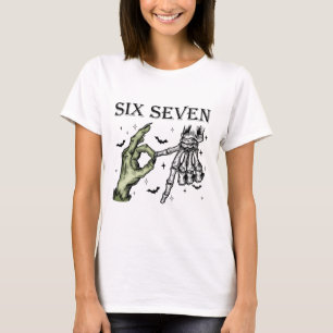 Camiseta Seis Sete 6 7 Meme Divertido Bruxa Esqueleto Mãos