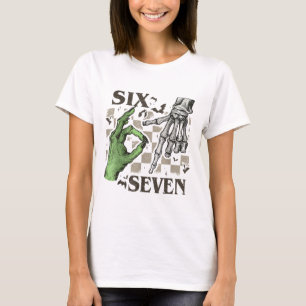 Camiseta Seis Sete Sinal de Mão de Esqueleto Meme Dia das B