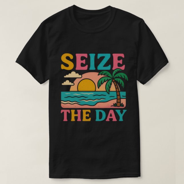 Camiseta SEIZE THE DAY Glitter Typography Tropical Sunset (Frente do Design)