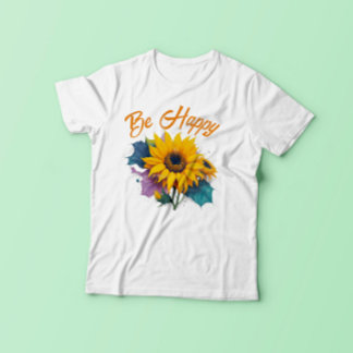 Camiseta Seja feliz com citação inspiradora com girassol