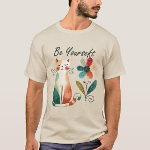 Camiseta Seja Você Mesma Arte Fofo Gato Tricolor Com Flor