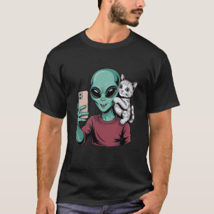 Camiseta Selfie de Alien e Gato no Espaço