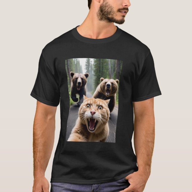 Camiseta Selfie de Ataque de Urso de Gato Engraçado (Frente)