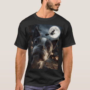 Camiseta Selfie de Boston Terrier Lua Cheia Bruxa Voadora