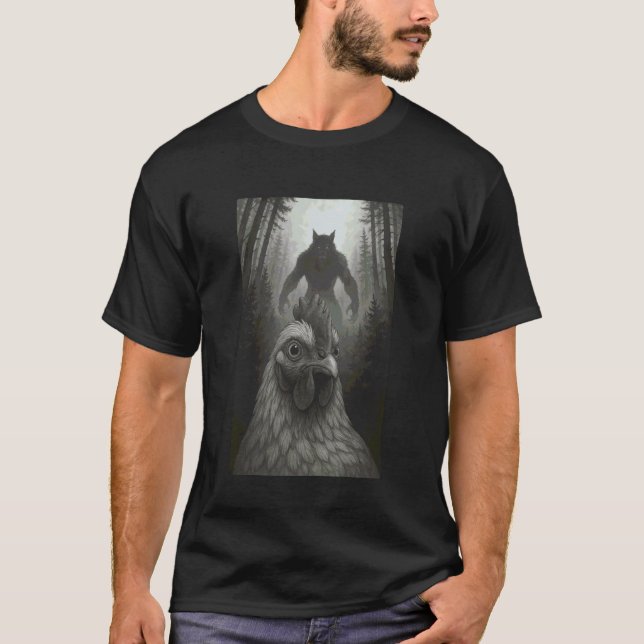 Camiseta Selfie de Frango com Lobisomem Divertido (Frente)