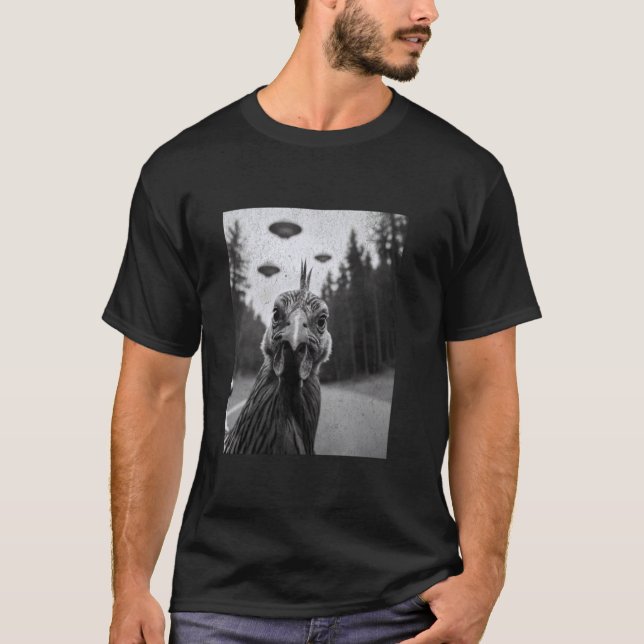 Camiseta Selfie de Frango com OVNI Alien, Animais de Fazend (Frente)