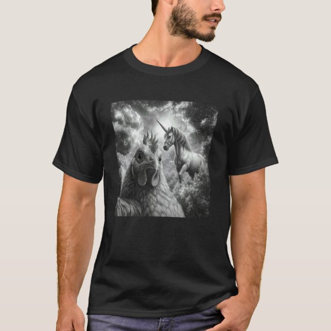 Camiseta Selfie de Frango com Unicórnio Frango Engraçado (Frente)