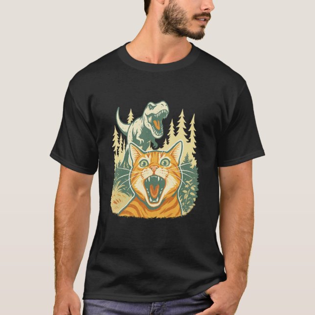Camiseta Selfie de gato com dinossauro T Rex engraçado (Frente)