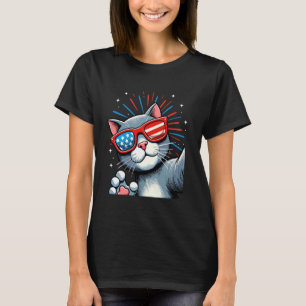 Camiseta Selfie de Gato com Fogos de Artifício Bandeira Ame