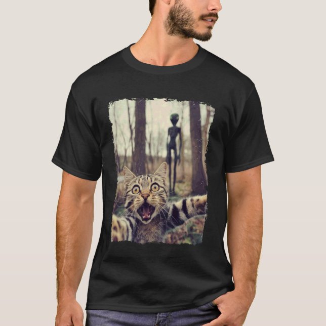 Camiseta Selfie de Gato com OVNI Alien Presentes Divertidos (Frente)