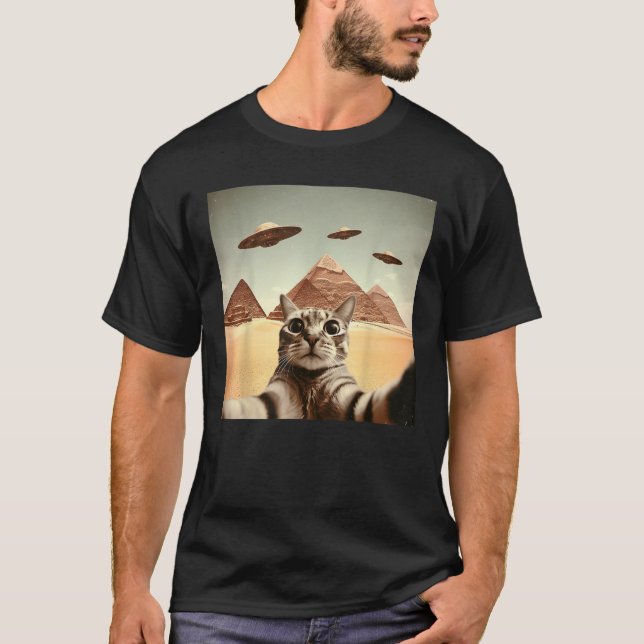 Camiseta Selfie de Gato com OVNI Alien Presentes Divertidos (Frente)