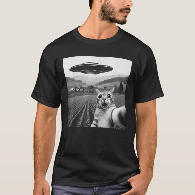 Camiseta Selfie de Gato com OVNI Alien Presentes Divertidos (Frente)