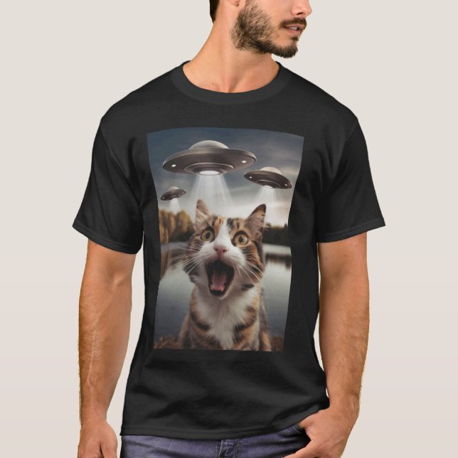 Camiseta Selfie de Gato com OVNI Alien Presentes Divertidos (Frente)