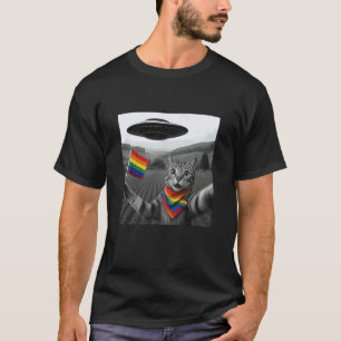 Camiseta Selfie de Gato com UFO Alien Funny Cat Presentes L