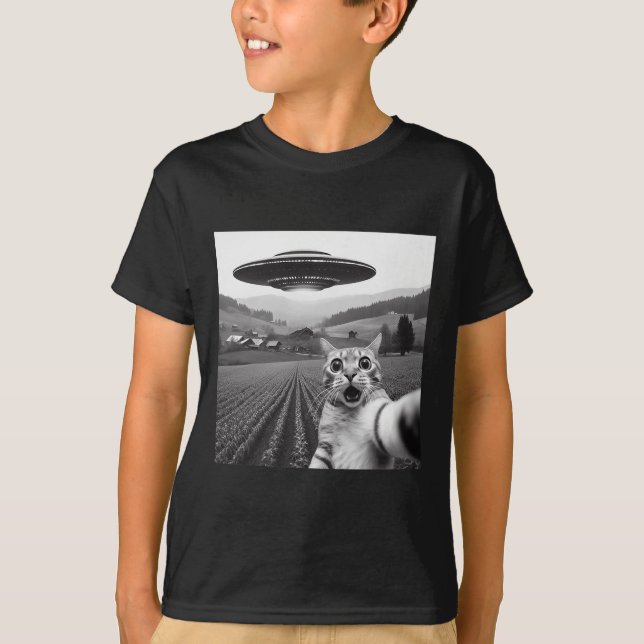 Camiseta Selfie de Gato Com Ufo Alien Presentes Divertidos  (Frente)