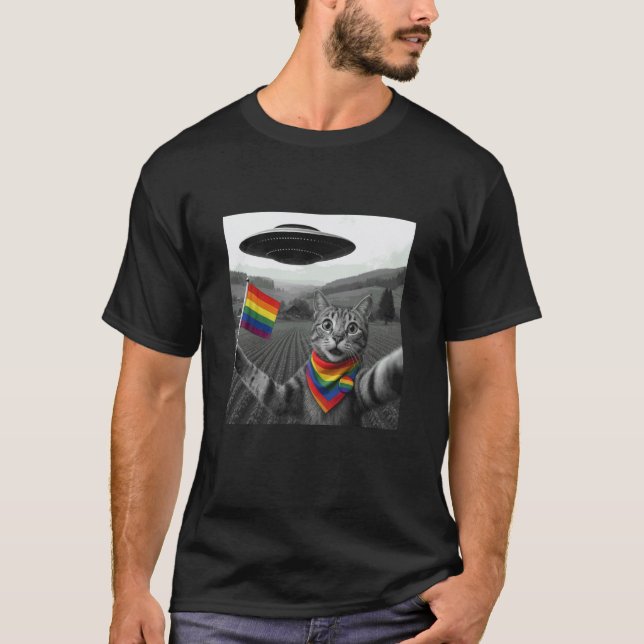 Camiseta Selfie de Gato com UFO Alien Presentes Engraçados  (Frente)