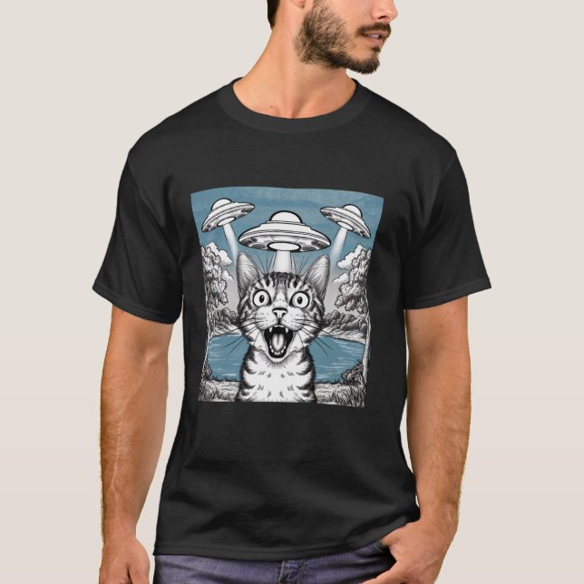 Camiseta Selfie de Gato com UFO Alien Presentes Engraçados  (Frente)