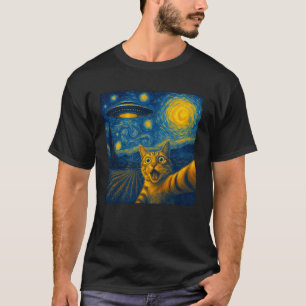 Camiseta Selfie de gato com UFO Gatos Noite Estrelada Van G