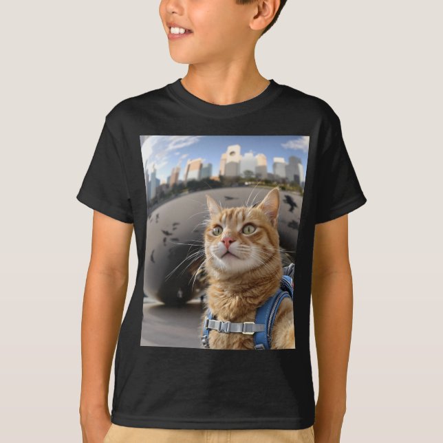 Camiseta Selfie de Gato em Chicago Bean Kids Basic T-Shirt (Frente)