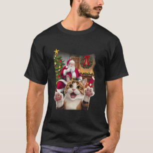 Camiseta Selfie de Gato Engraçado de Natal com Papai Noel B