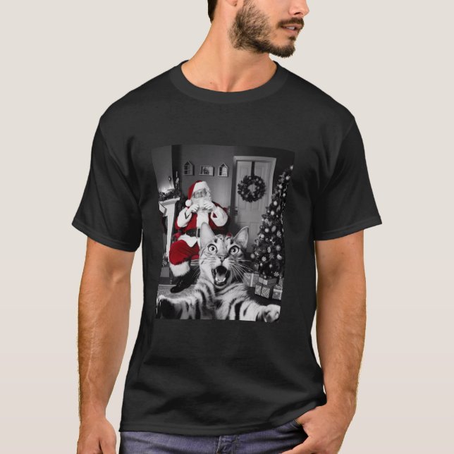 Camiseta Selfie de Gato Engraçado de Natal com Papai Noel B (Frente)