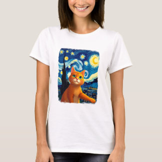Camiseta Selfie de Gato Laranja  Noite Estrelada Mãe de Gat