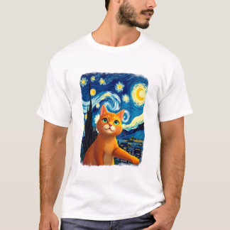 Camiseta Selfie de Gato Laranja  Noite Estrelada Mãe de Gat