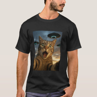 Camiseta Selfie Engraçada de Gato com OVNIs