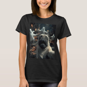 Camiseta Selfie Engraçado de Pug com Fantasmas na Floresta