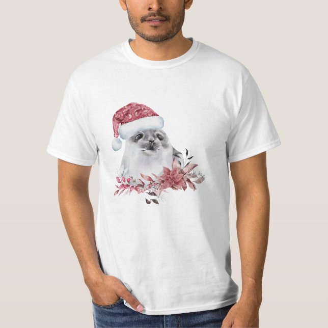 Camiseta Selo de Água Bebê Vestindo chapéu de Natal (Frente)