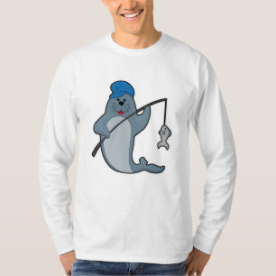 Camiseta Selo na pesca com vara de pesca e peixe