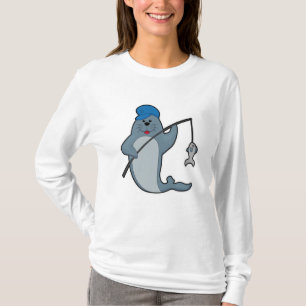 Camiseta Selo na pesca com vara de pesca e peixe