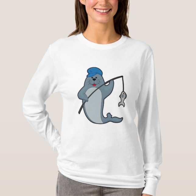 Camiseta Selo na pesca com vara de pesca e peixe (Frente)
