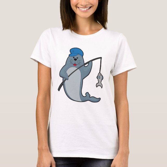 Camiseta Selo na pesca com vara de pesca e peixe (Frente)