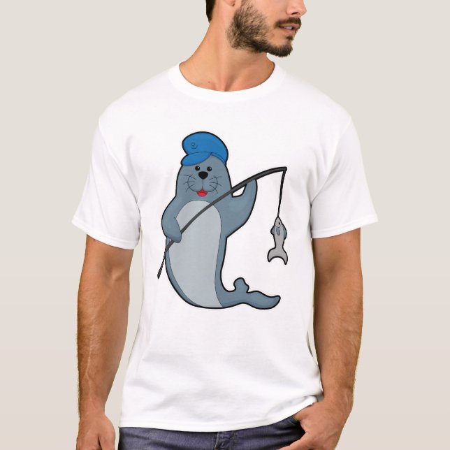Camiseta Selo na pesca com vara de pesca e peixe (Frente)