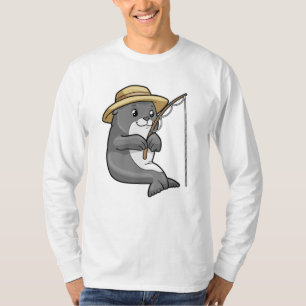 Camiseta Selo na pesca com vareta de pesca e chapéu