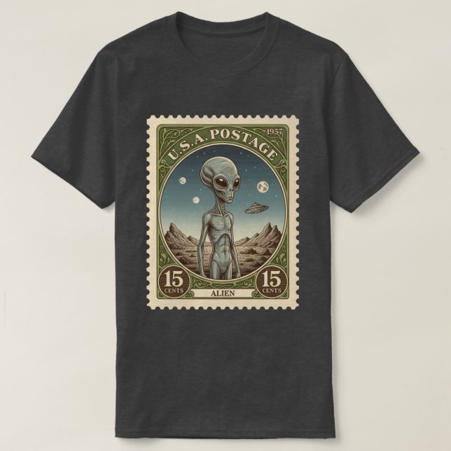Camiseta Selo Postal Vintage de Alien (Frente do Design)