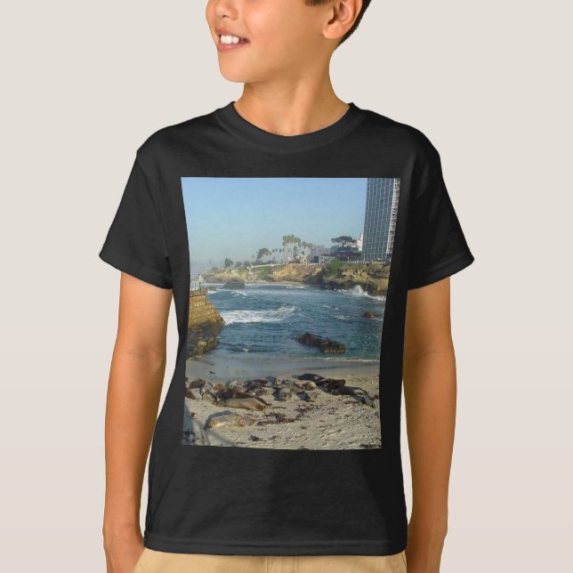 Camiseta Selos na areia na angra de La Jolla (Frente)