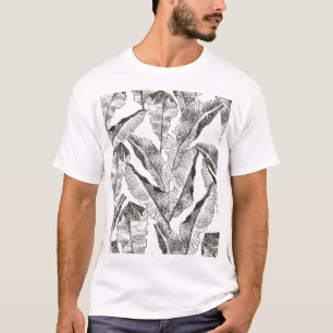 Camiseta Selva Branca Negra: Padrão Vegetal Tropical