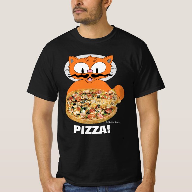 Camiseta Senhor Gato Cartoon Mustache Cat Pizza! (Frente)