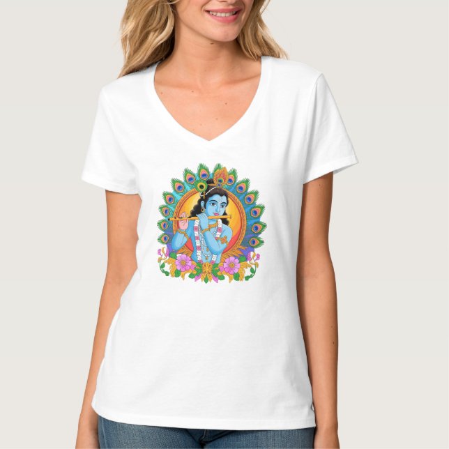 Camiseta Senhor Krishna Tocando Flauta com Penas de Pavão (Frente)