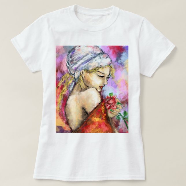 Camiseta Senhora com pintura de Rosa T-Shirt (Frente do Design)