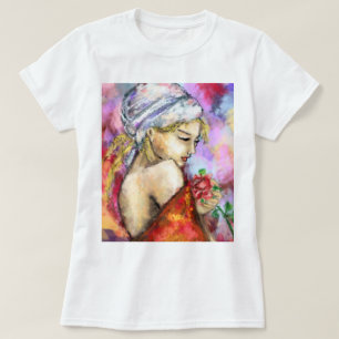 Camiseta Senhora com Rosa - Pintura Original da Mulher Abst