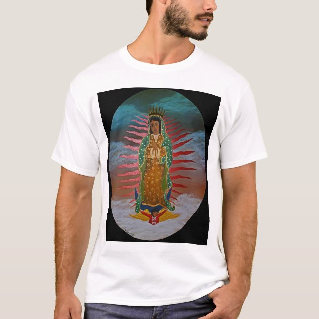 Camiseta Senhora de Guadalupe (matiz azul) com beira preta (Frente)