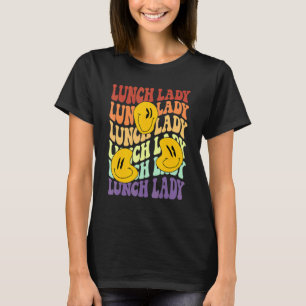 Camiseta senhora do almoço retro sorri de volta para a esco