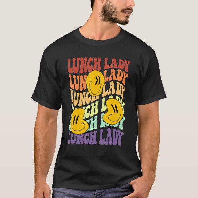 Camiseta senhora do almoço retro sorri de volta para a esco (Frente)