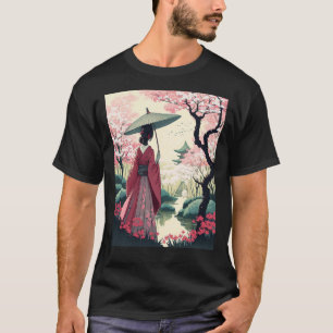 Camiseta Senhora Japonesa com Pagode de Guarda-chuva Flor d